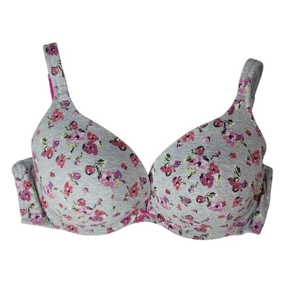 Cacique Plunge Bra Gray Pink 38DD Cotton Floral Underwire Pad Adj Strap Push Up - Picture 1 of 10